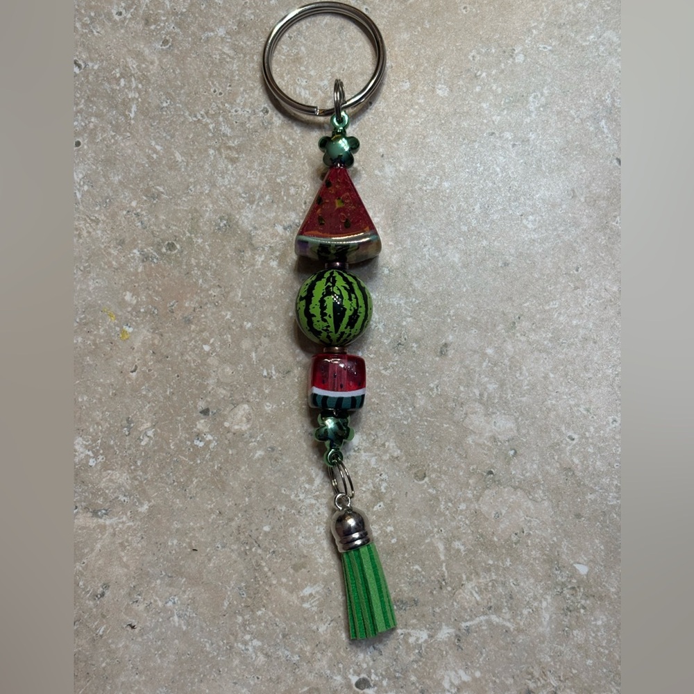 Watermelon Bead Keychain with Green Tassel
